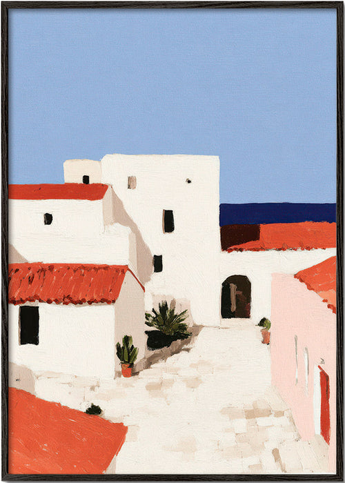 Cuadro de paisaje mediterráneo con tejados rojos – Black Frame