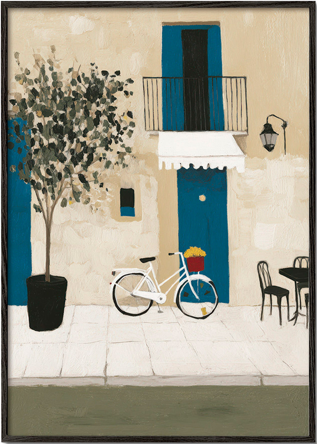 Ilustración: bicicleta junto a puerta azul – Black Frame