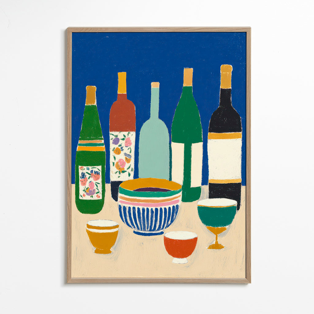 Cuadro de cocina con botellas y cuencos – Oak Frame