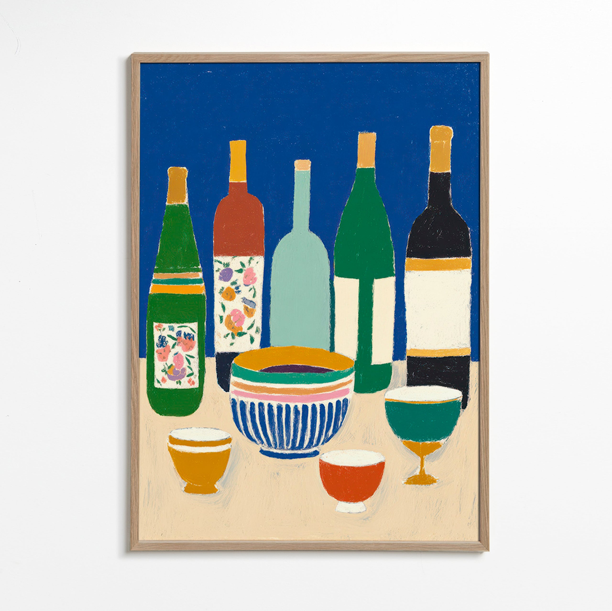 Cuadro de cocina con botellas y cuencos – Oak Frame