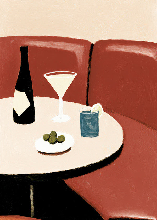 Cuadro de cocina con cóctel martini y aceitunas