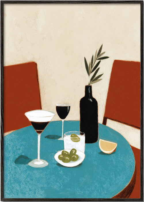 Cuadro de cocina con aperitivo sobre mesa azul – Black Frame