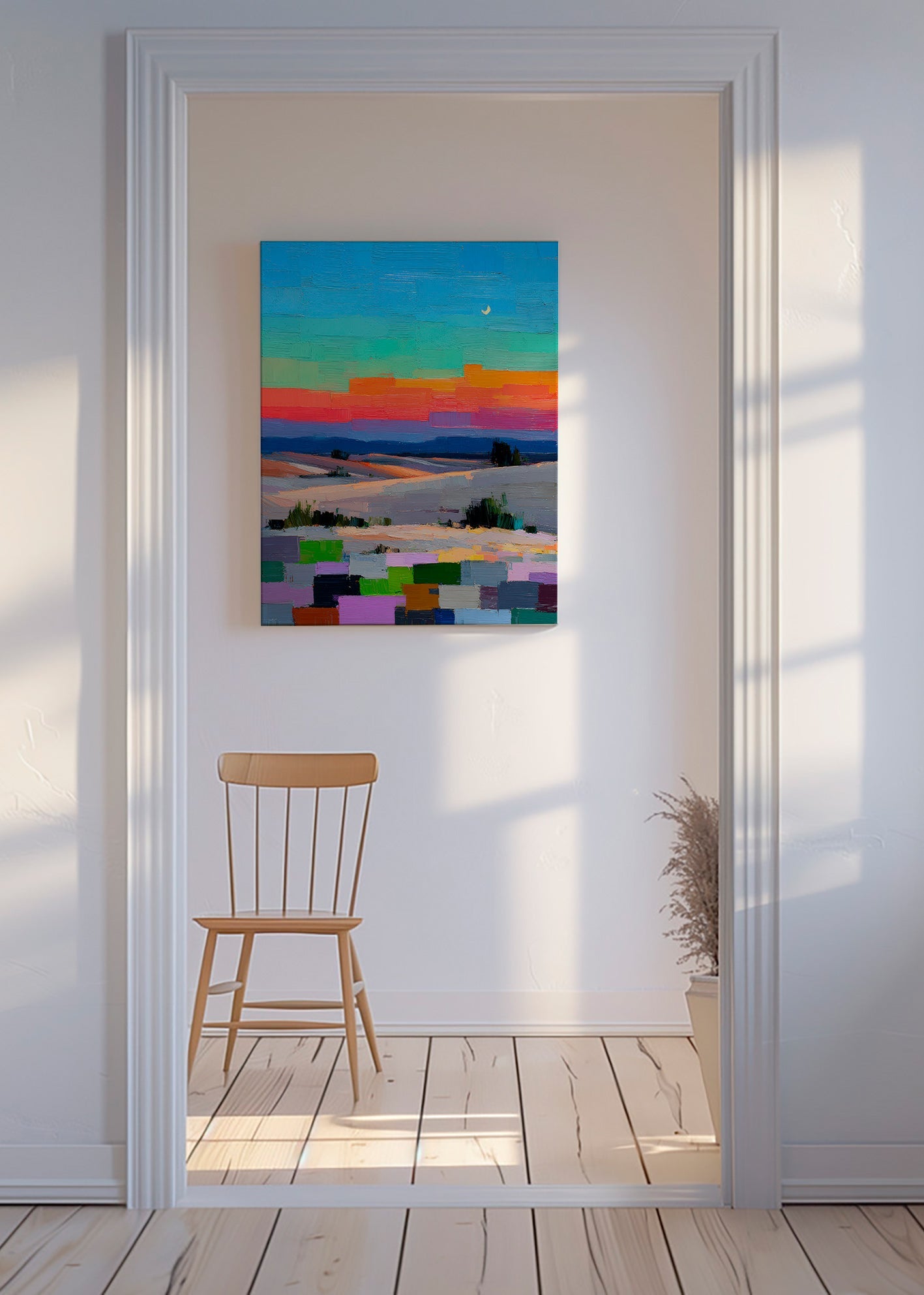 Quadro paesaggistico colorfield con luna