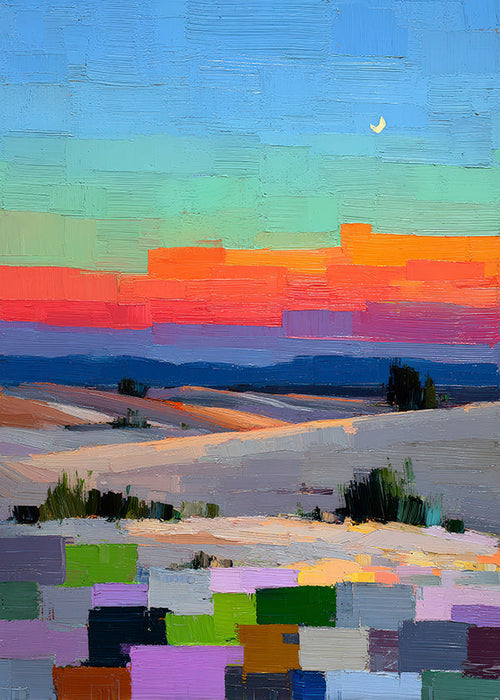 Quadro paesaggistico colorfield con luna