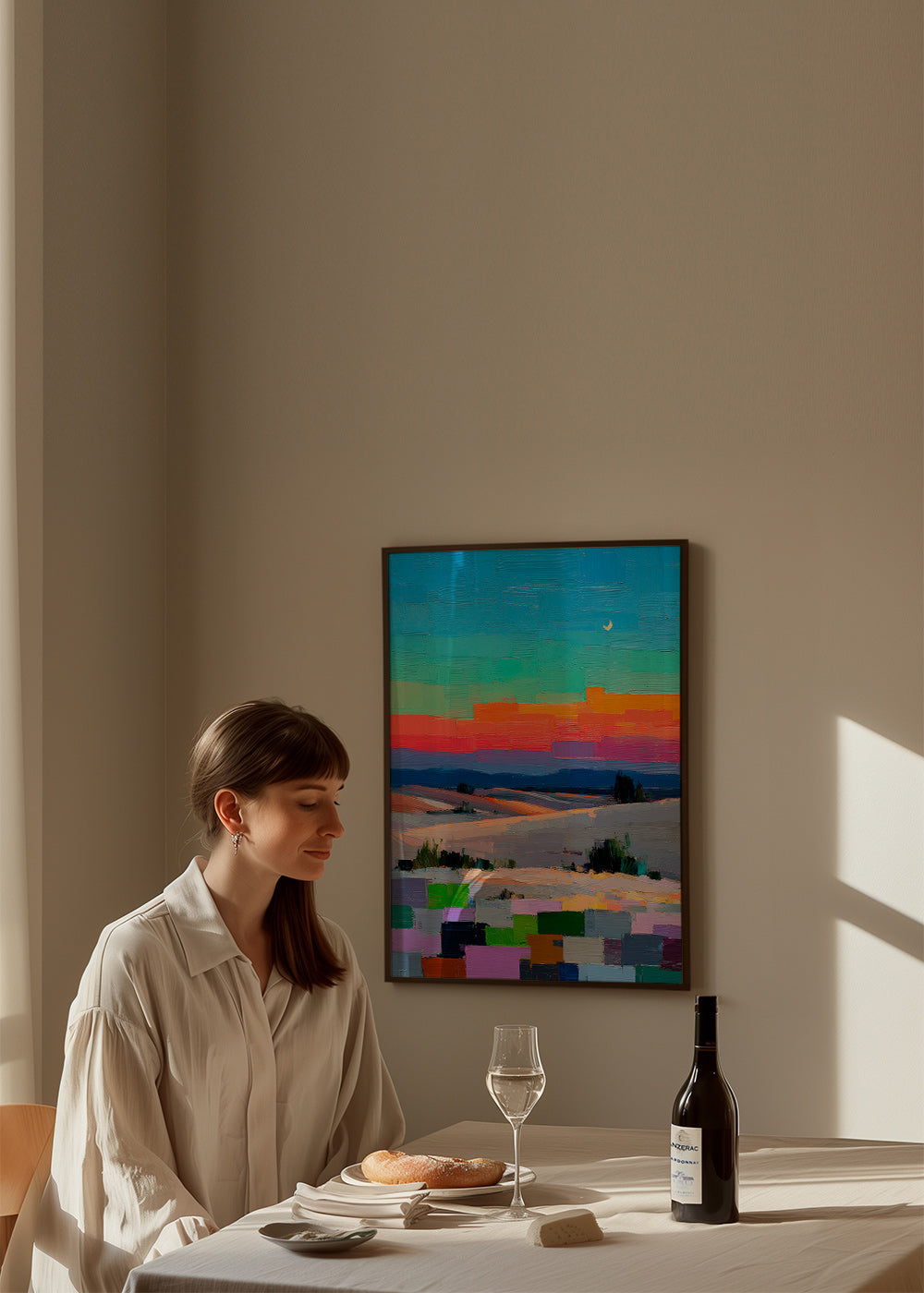 Quadro paesaggistico colorfield con luna