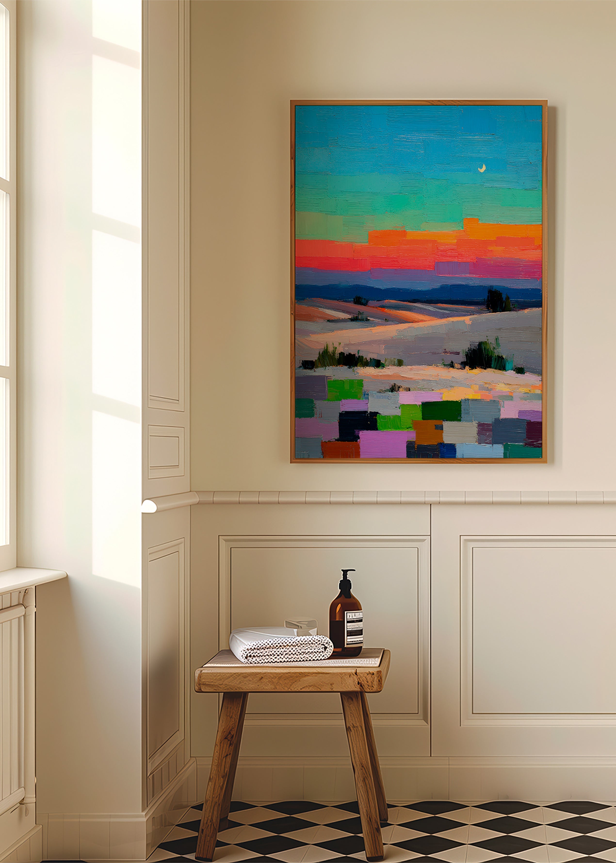 Quadro paesaggistico colorfield con luna