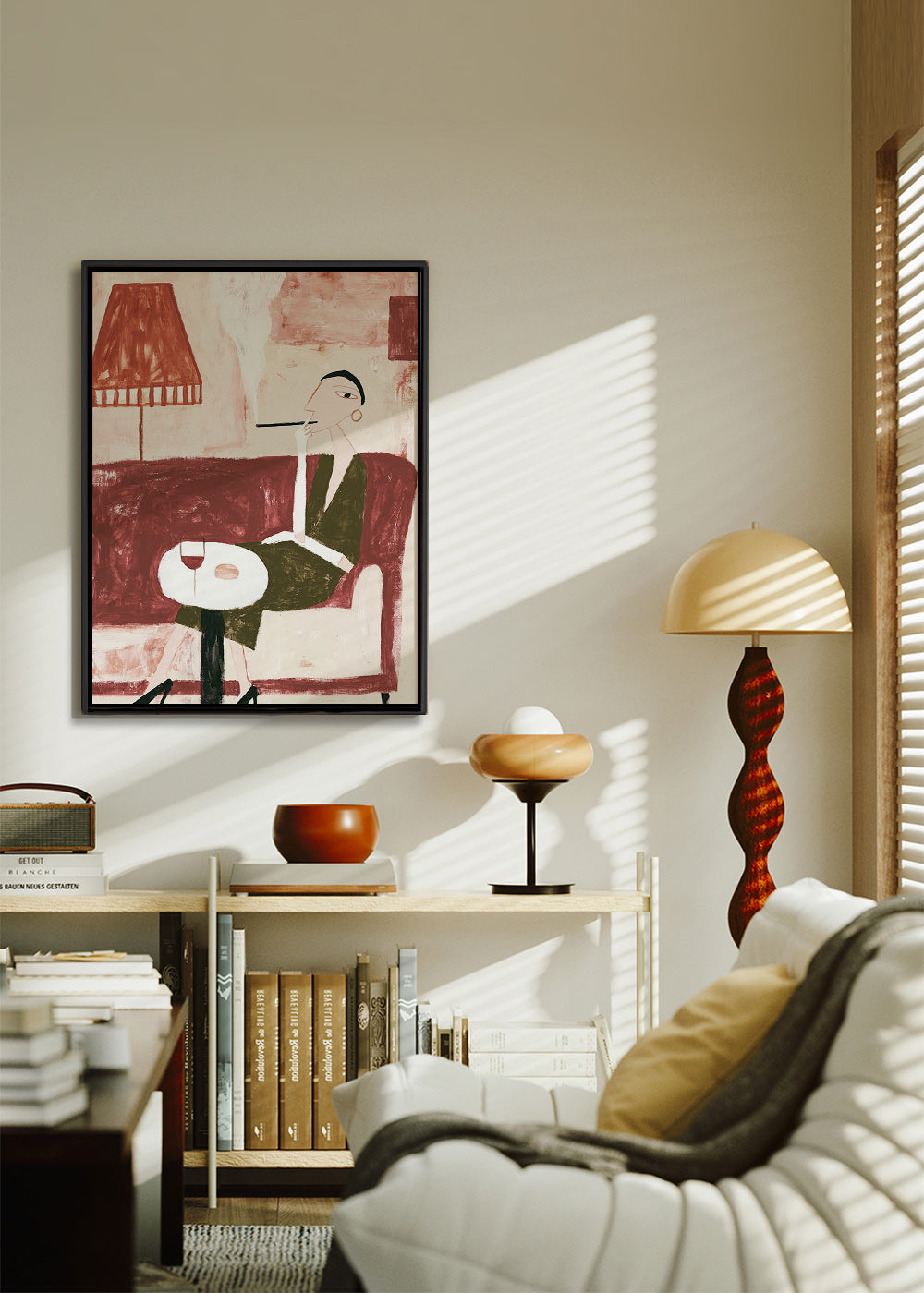 Arte da cucina con donna seduta e vino
