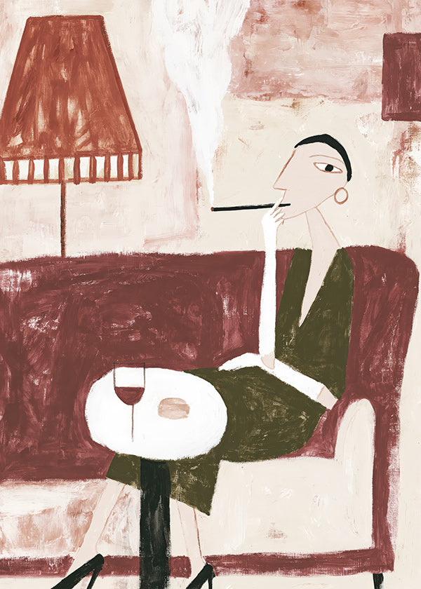 Arte da cucina con donna seduta e vino