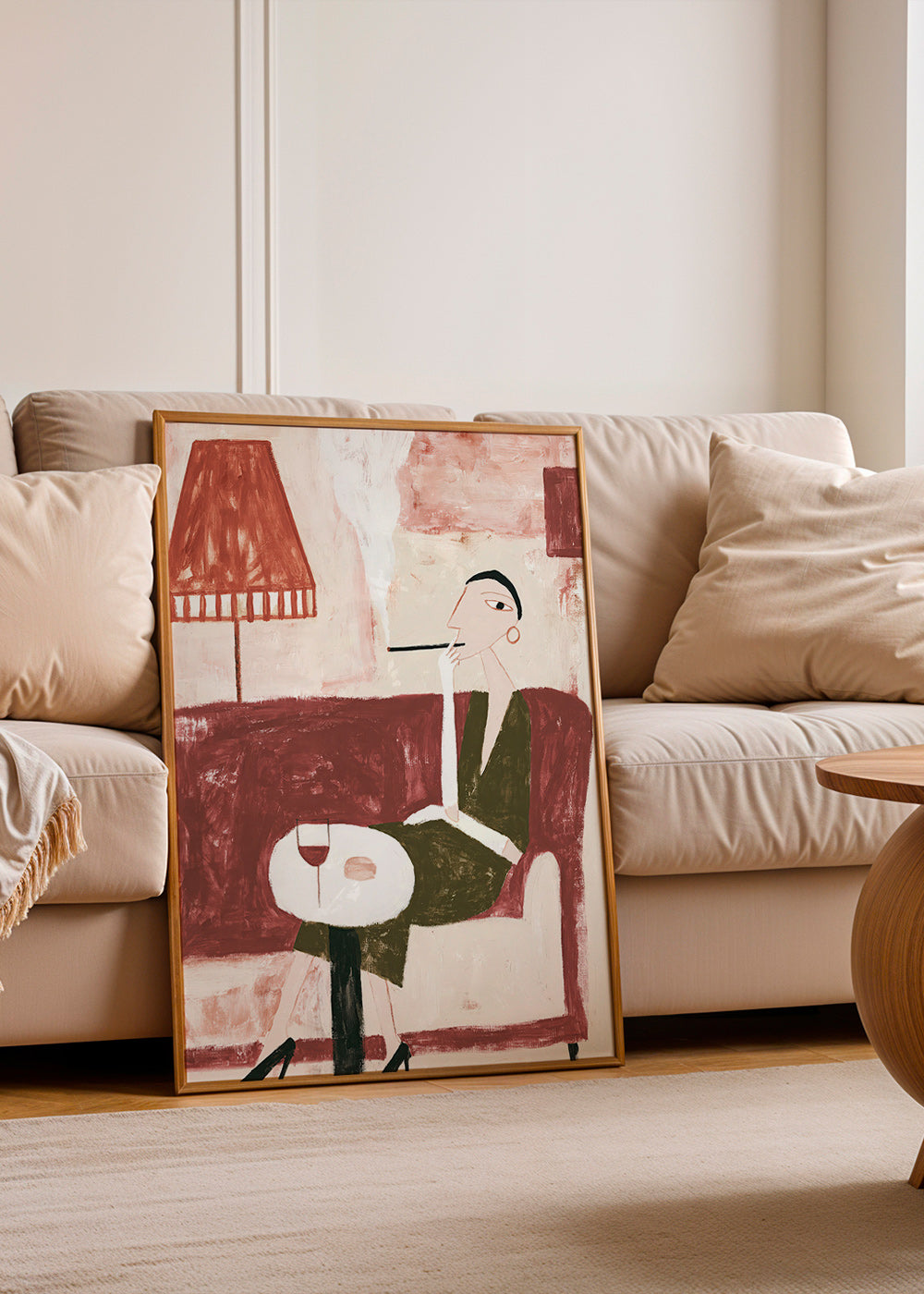 Arte da cucina con donna seduta e vino
