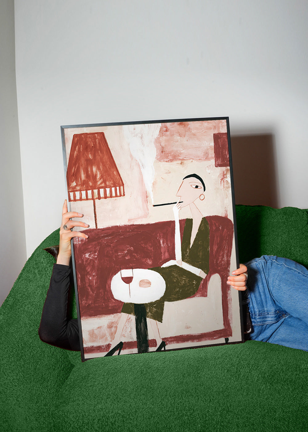 Arte da cucina con donna seduta e vino