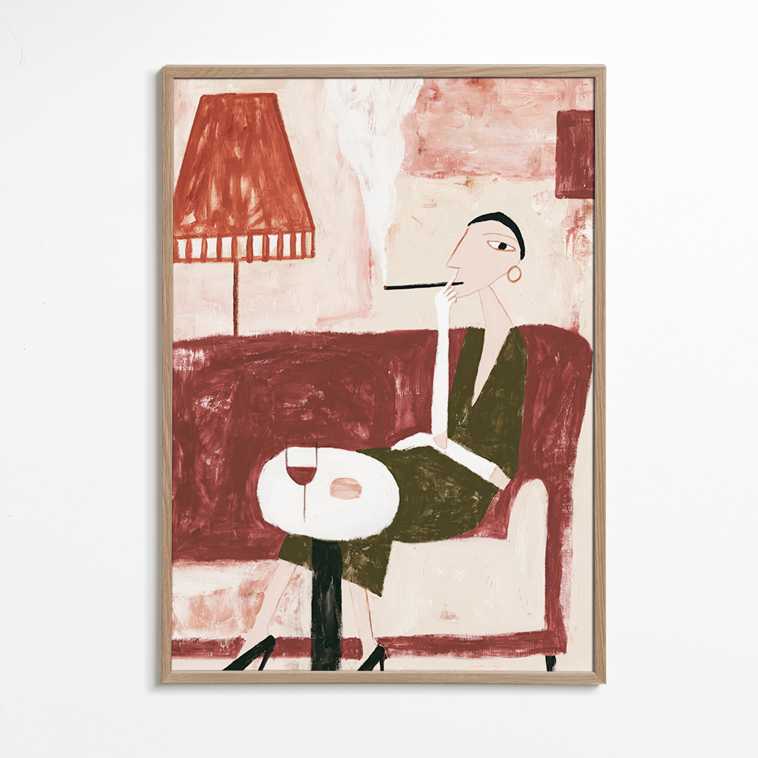 Arte da cucina con donna seduta e vino