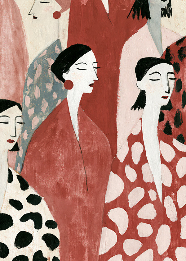 Illustrazione di figure femminili in rosso