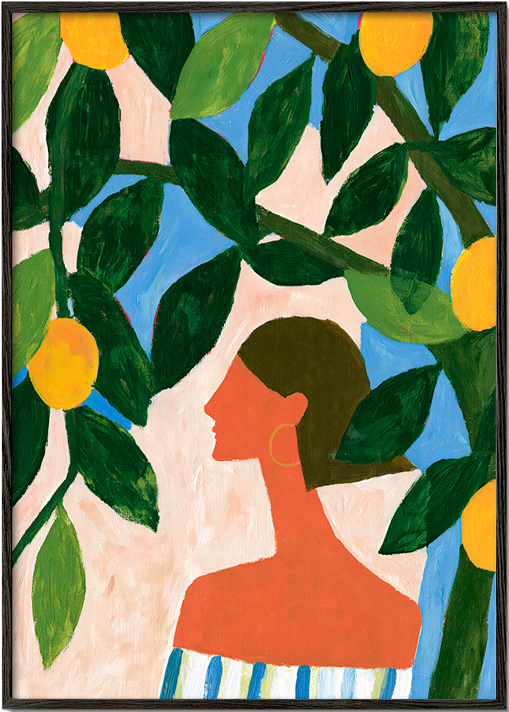 Stampa botanica: profilo femminile tra i limoni