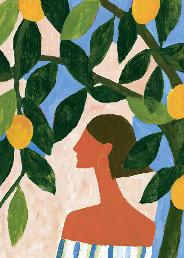 Stampa botanica: profilo femminile tra i limoni