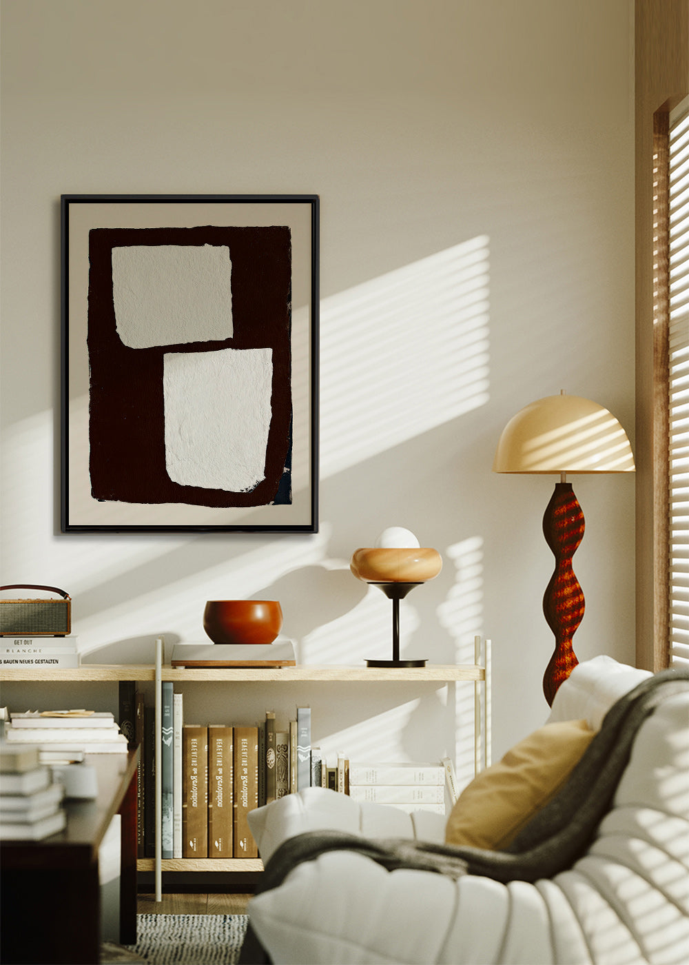 Quadro astratto mocha con blocchi bianchi