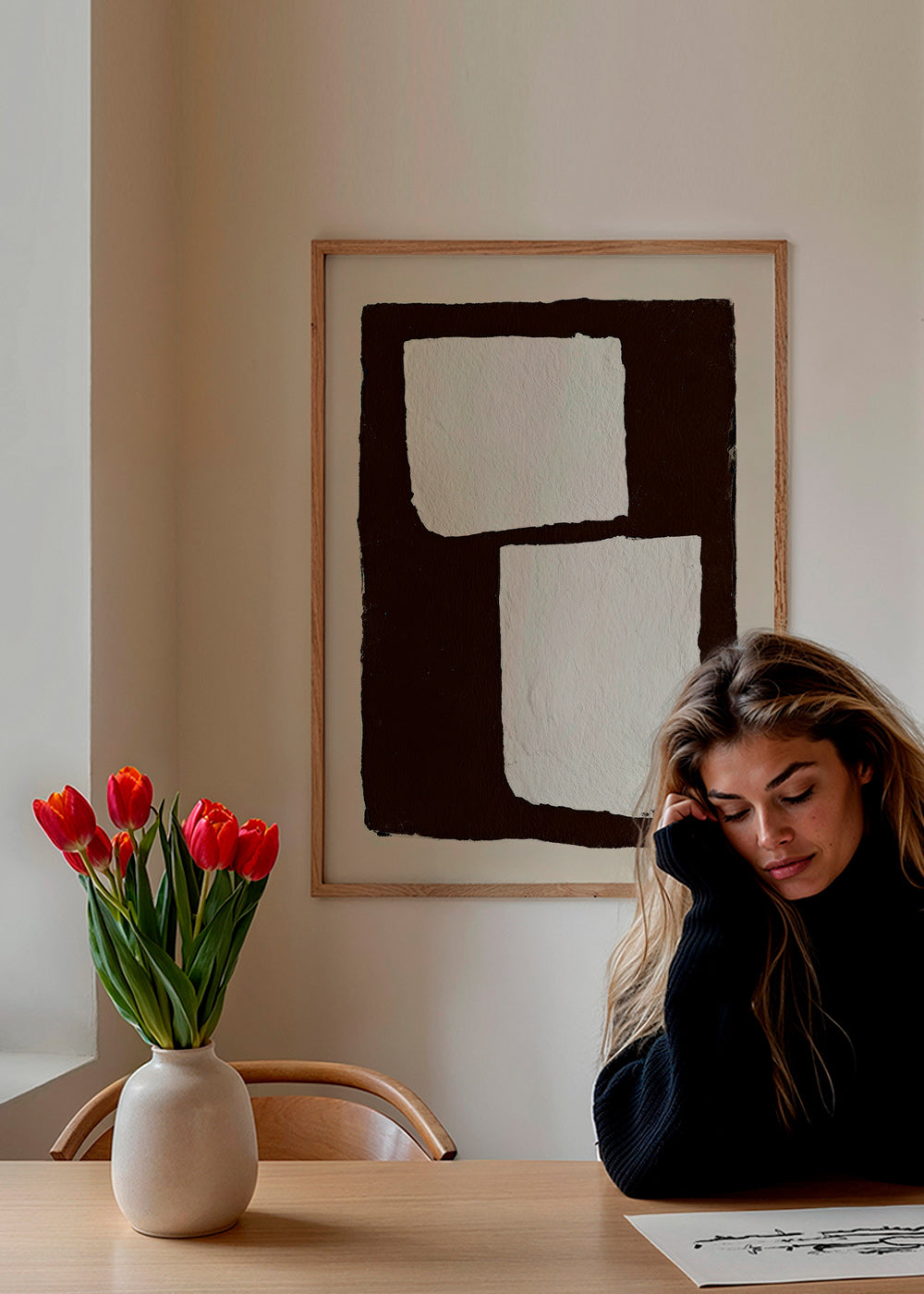 Quadro astratto mocha con blocchi bianchi