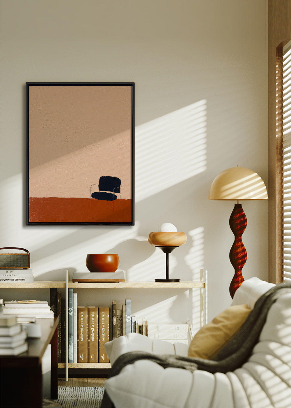 Quadro minimalista con sedia su pavimento ocra