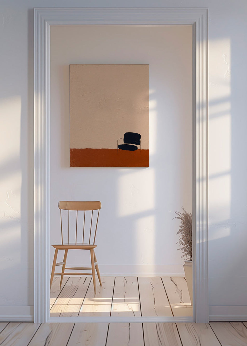 Quadro minimalista con sedia su pavimento ocra