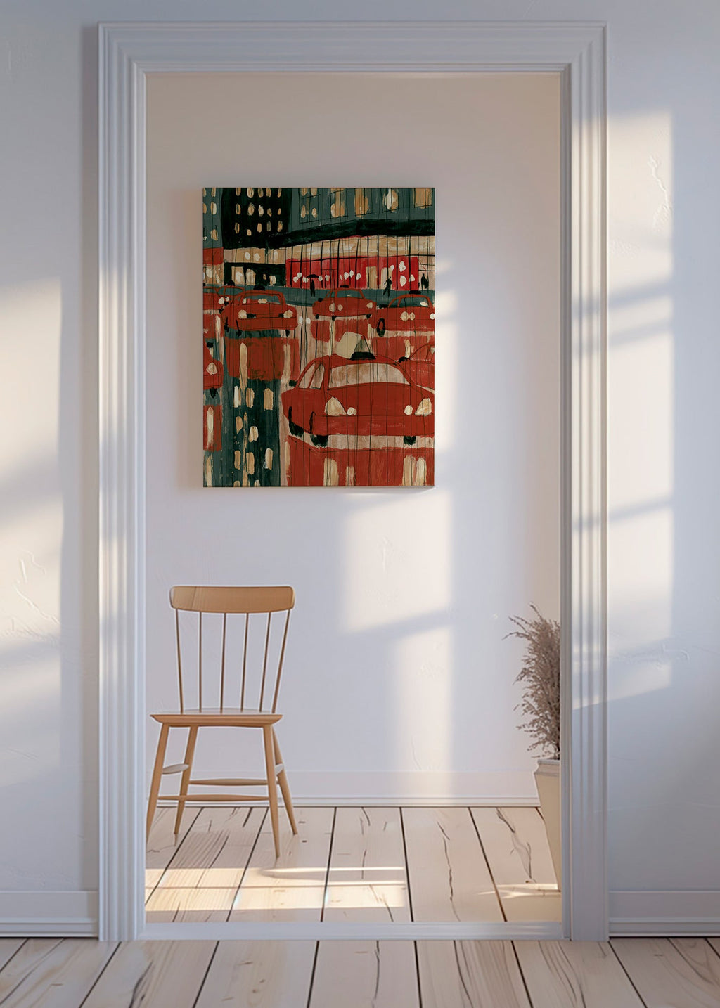 Quadro urbano con taxi rossi e riflessi notturni