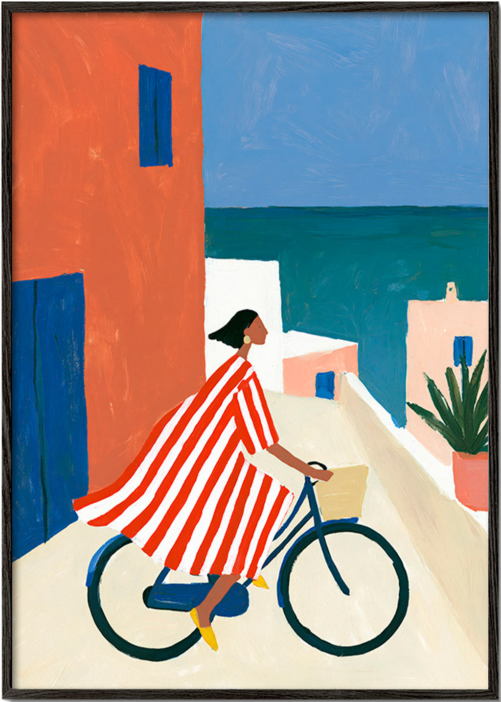 Quadro paesaggio con ciclista sul mare