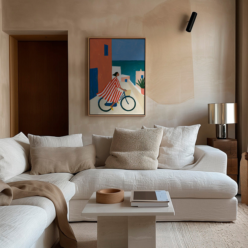 Quadro paesaggio con ciclista sul mare