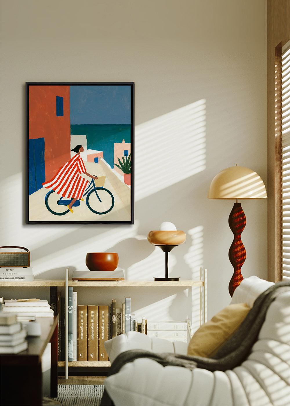Quadro paesaggio con ciclista sul mare