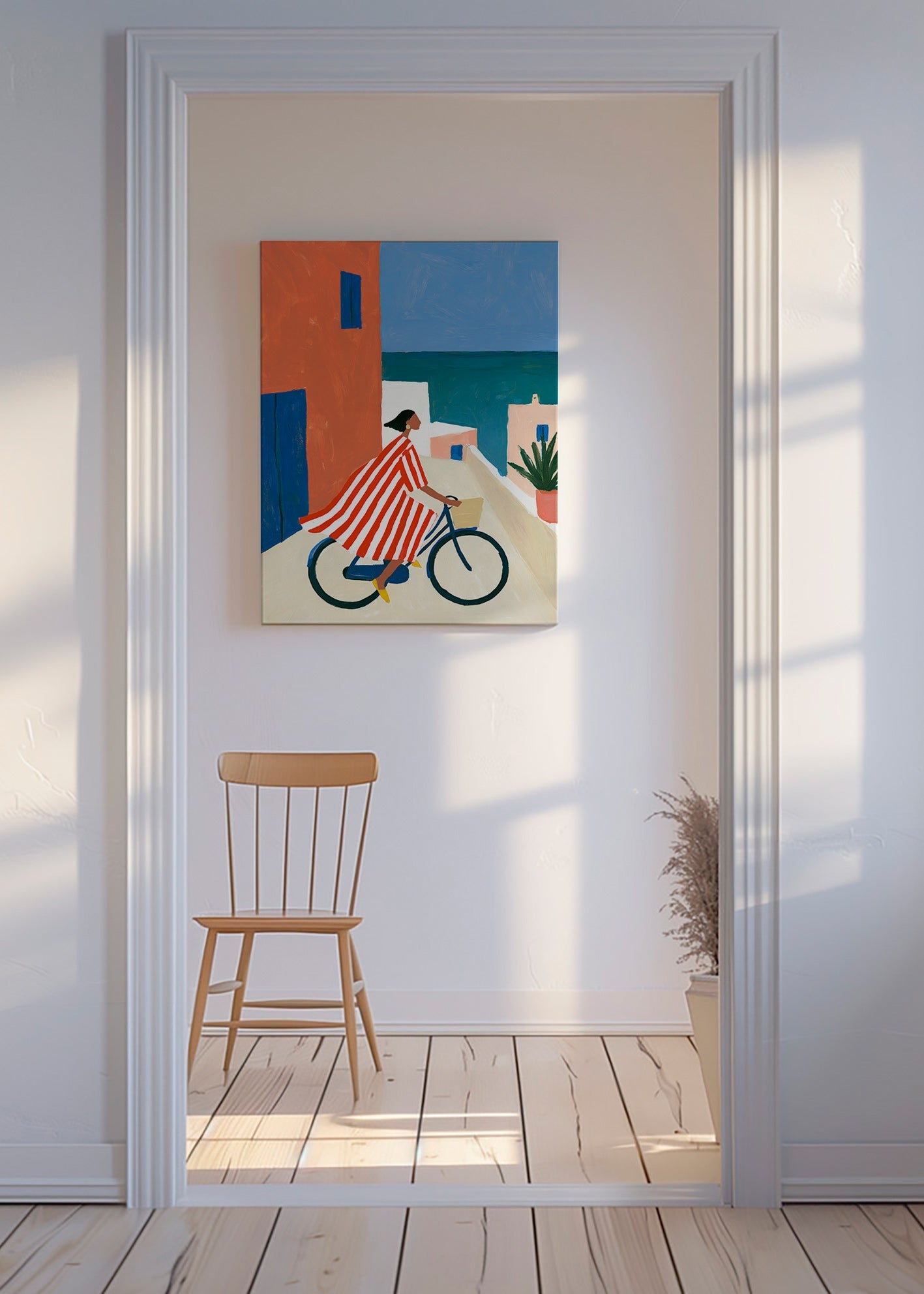 Quadro paesaggio con ciclista sul mare