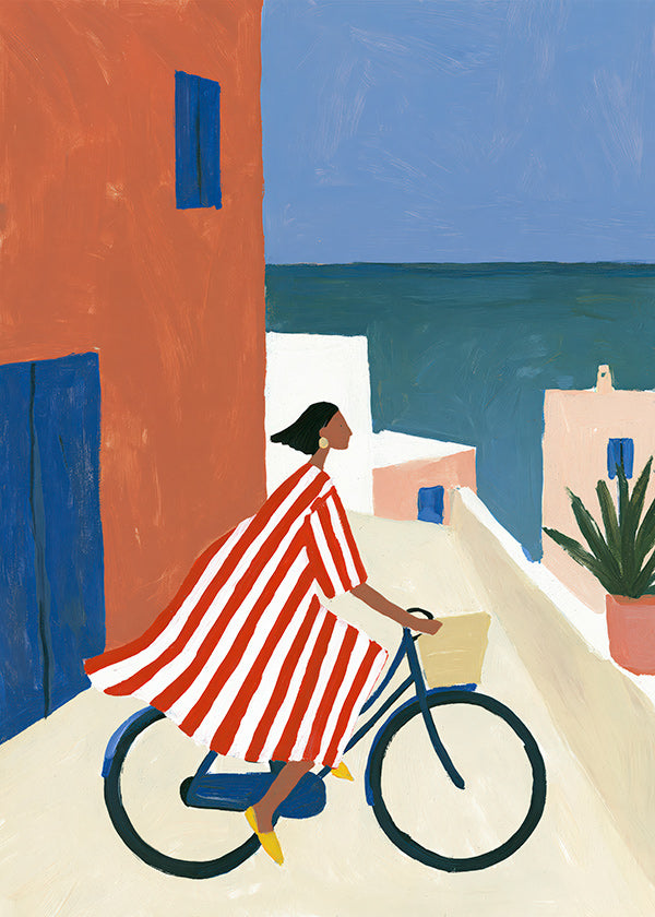 Quadro paesaggio con ciclista sul mare