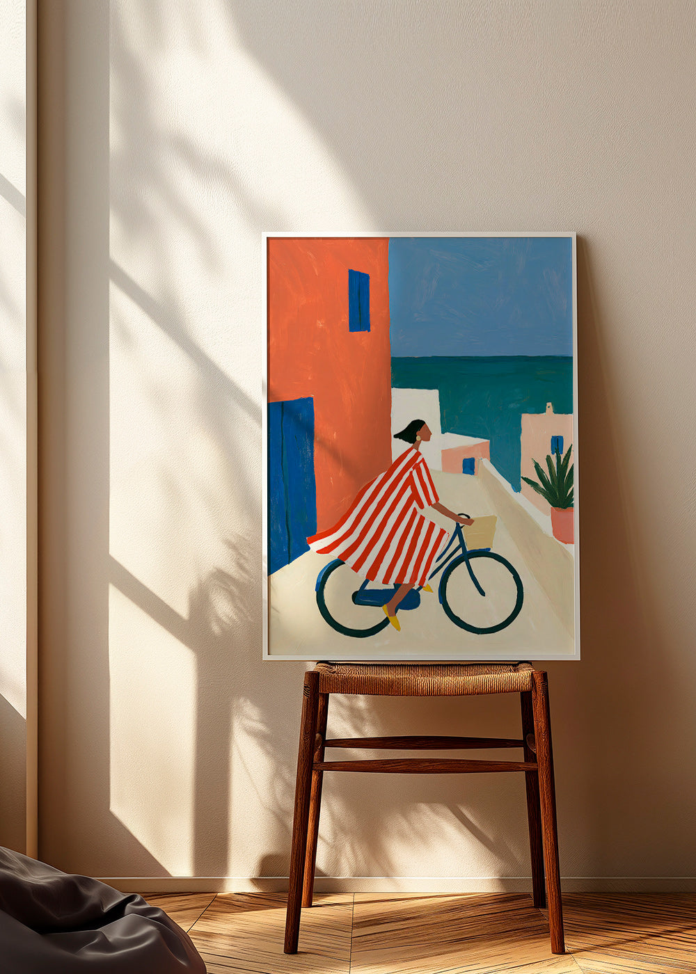 Quadro paesaggio con ciclista sul mare