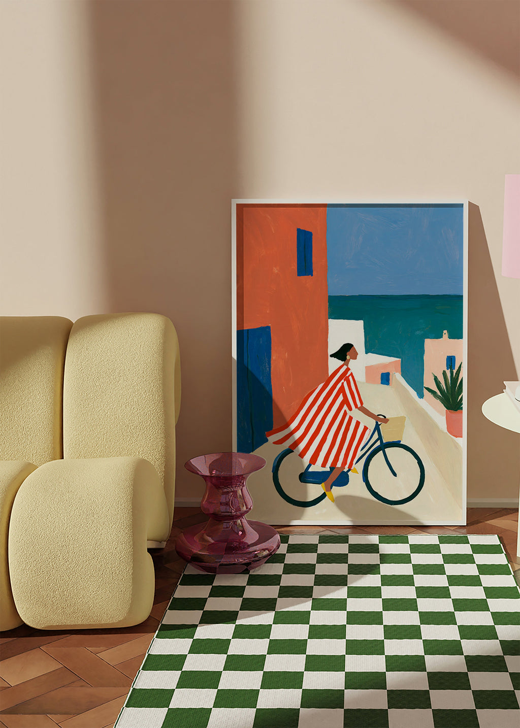 Quadro paesaggio con ciclista sul mare