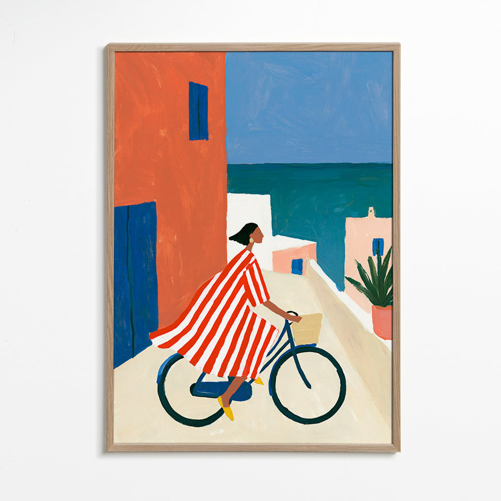 Quadro paesaggio con ciclista sul mare