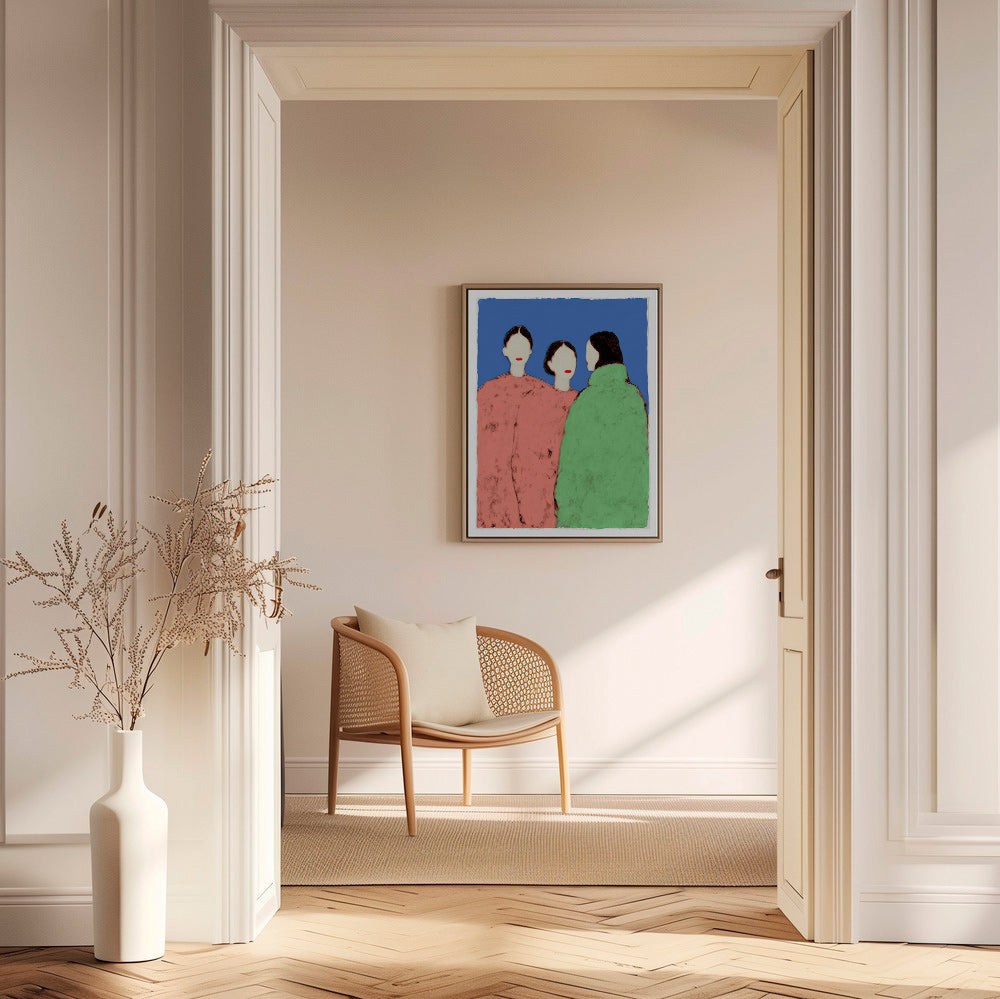 Illustrazione di tre figure stilizzate su sfondo blu