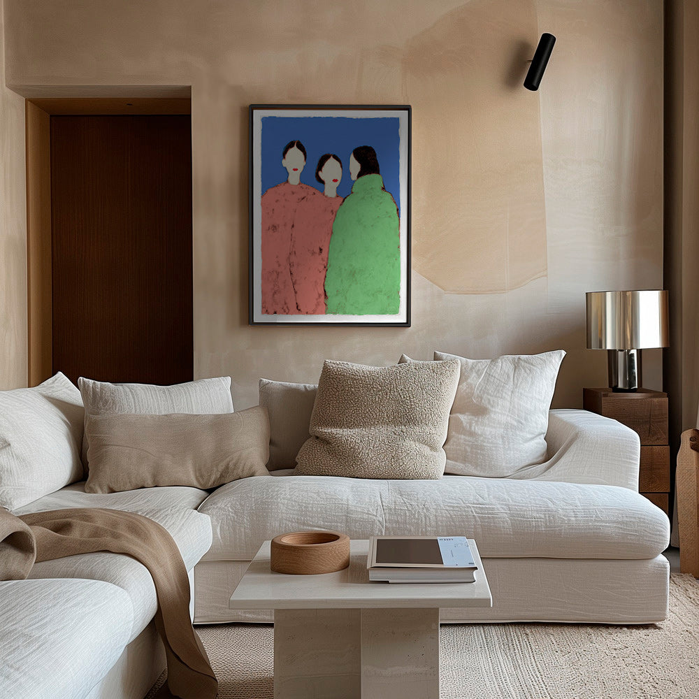 Illustrazione di tre figure stilizzate su sfondo blu