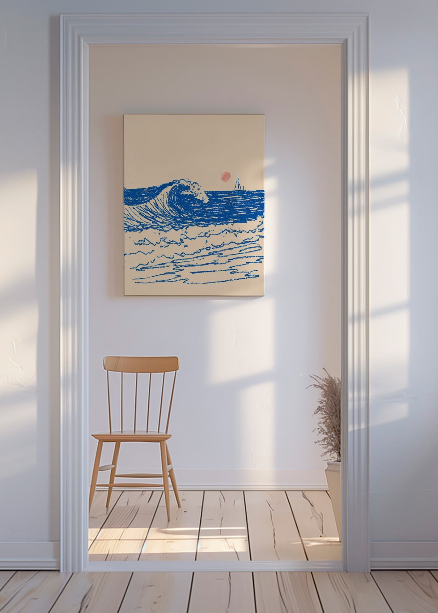 Quadro paesaggio con onda schizzata e veliero