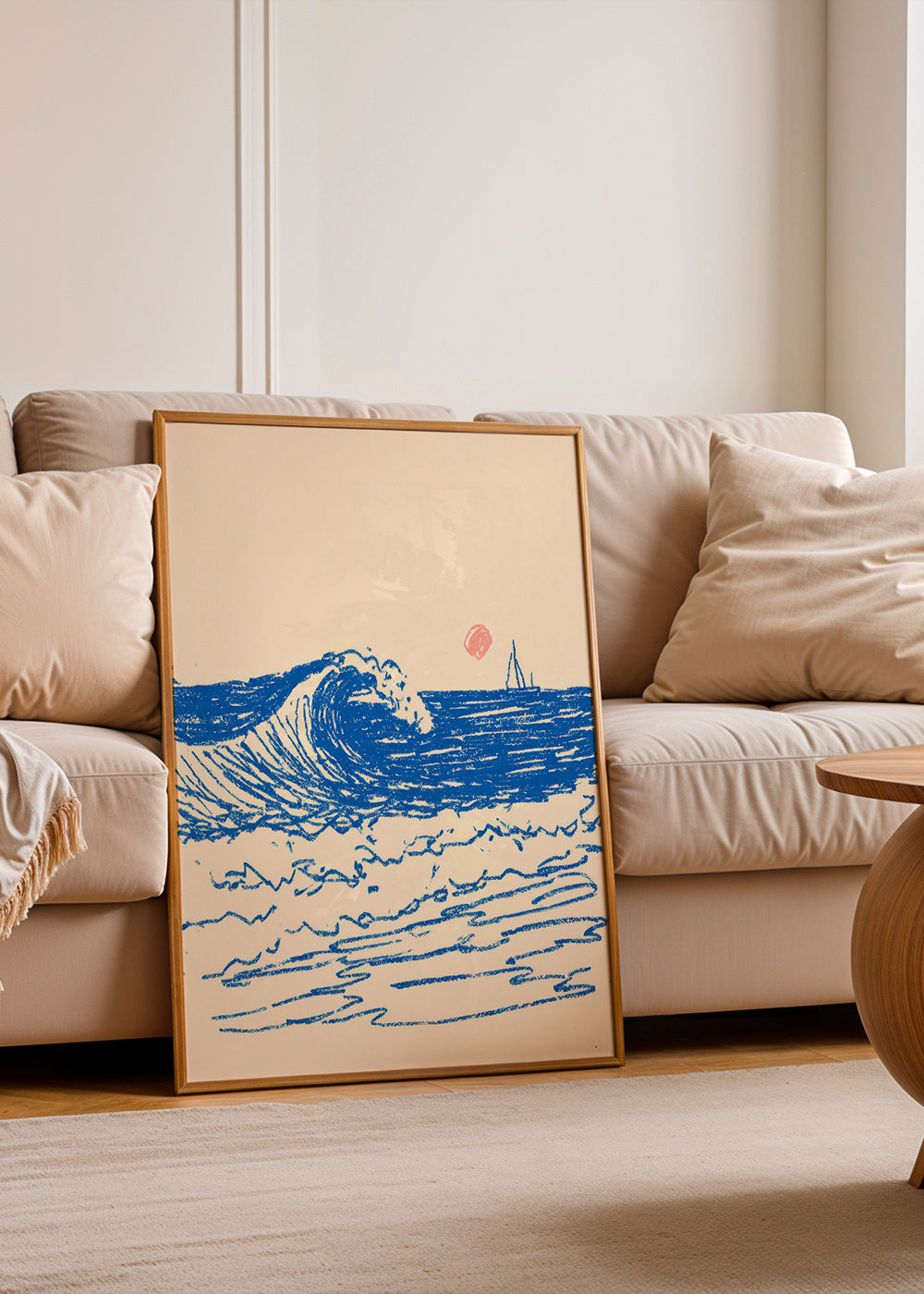 Quadro paesaggio con onda schizzata e veliero