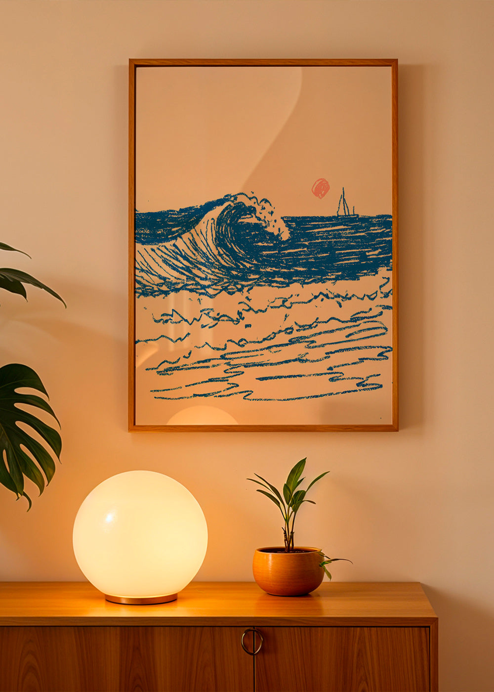 Quadro paesaggio con onda schizzata e veliero