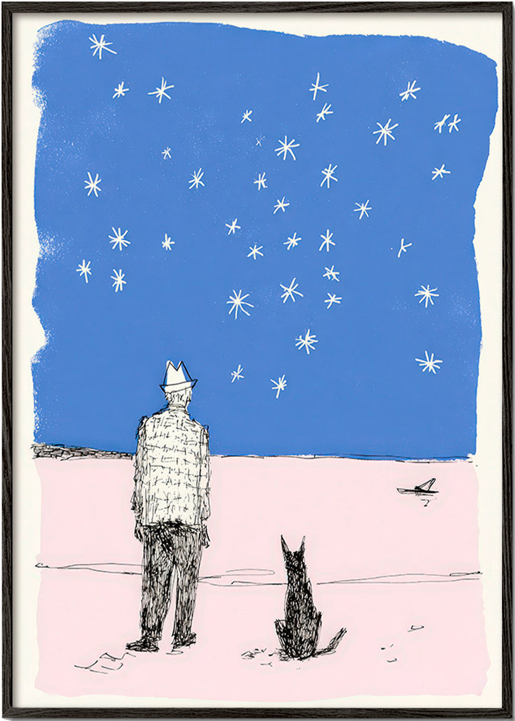 Illustrazione: uomo e cane sotto le stelle