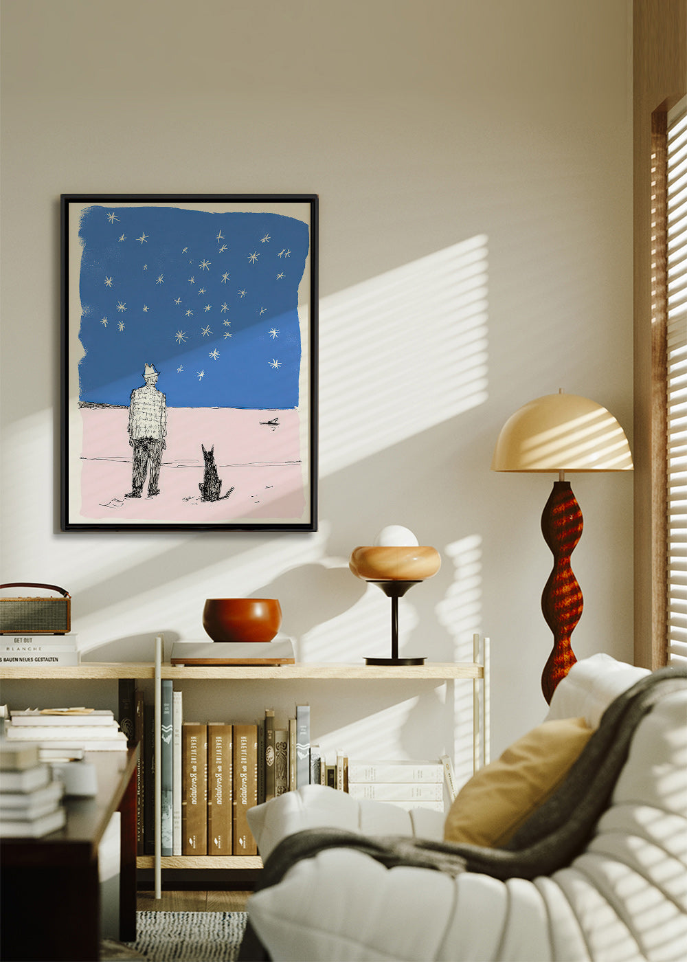Illustrazione: uomo e cane sotto le stelle