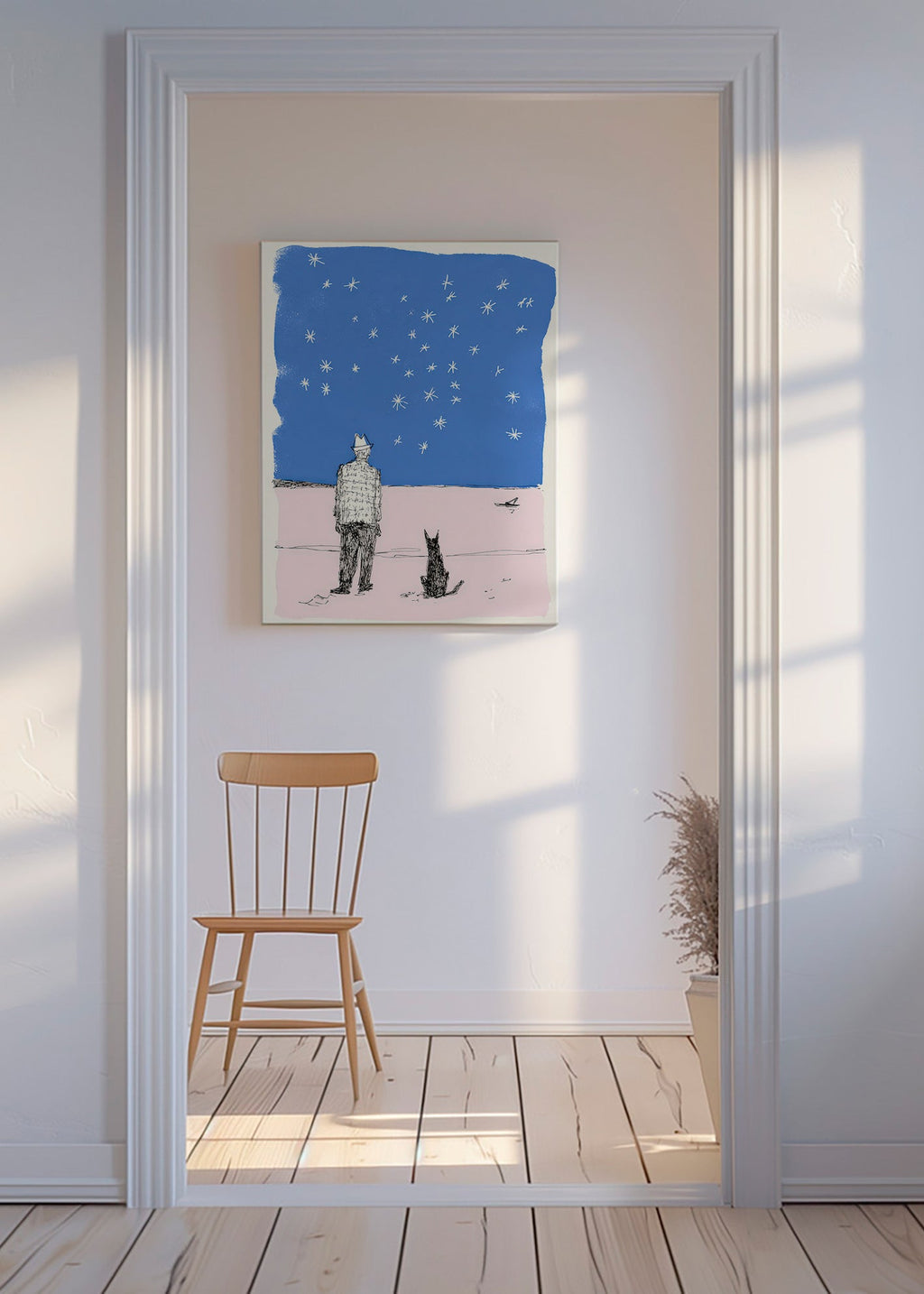 Illustrazione: uomo e cane sotto le stelle