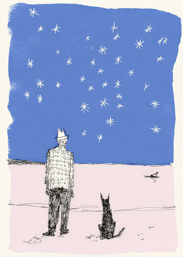 Illustrazione: uomo e cane sotto le stelle
