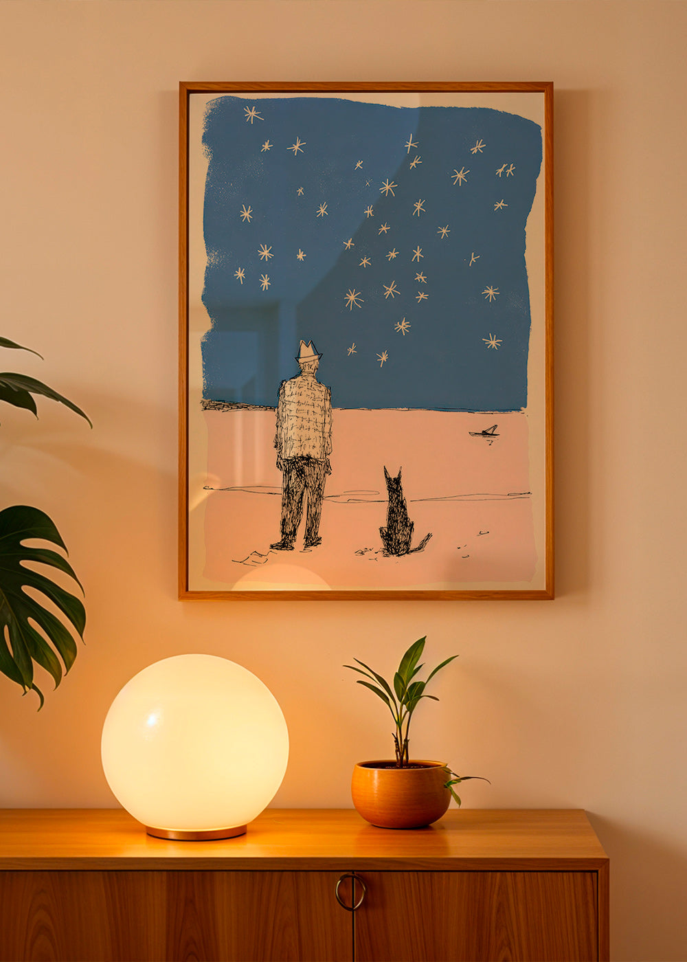 Illustrazione: uomo e cane sotto le stelle