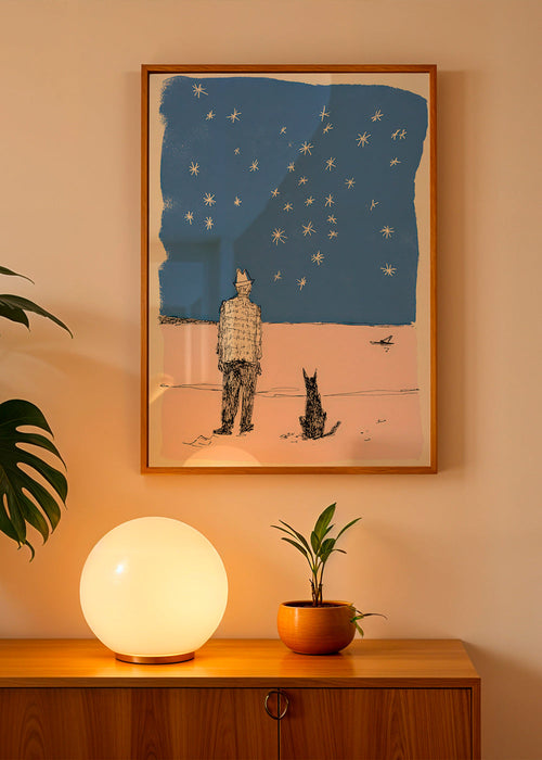 Illustrazione: uomo e cane sotto le stelle