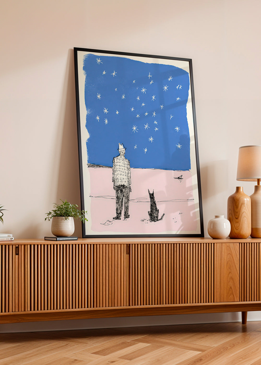 Illustrazione: uomo e cane sotto le stelle