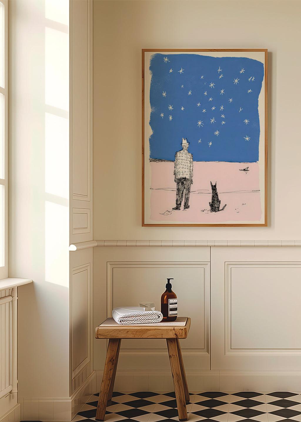 Illustrazione: uomo e cane sotto le stelle