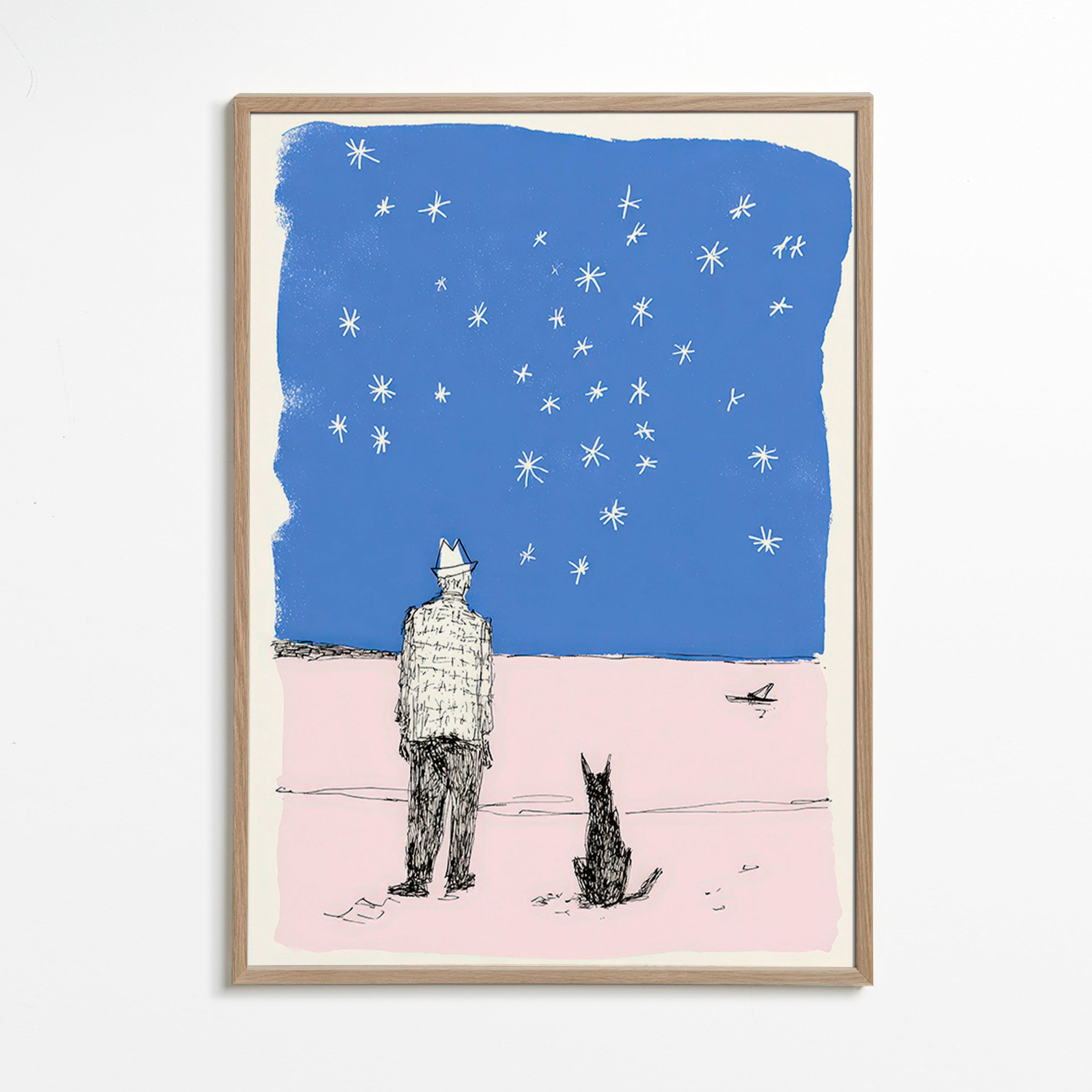 Illustrazione: uomo e cane sotto le stelle