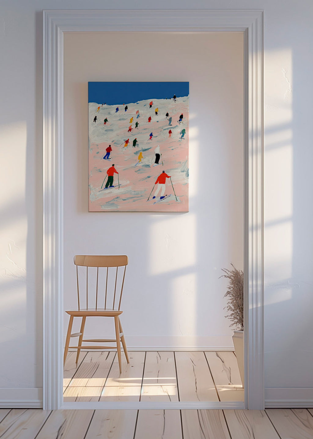 Quadro sportivo sci su pendio colorato