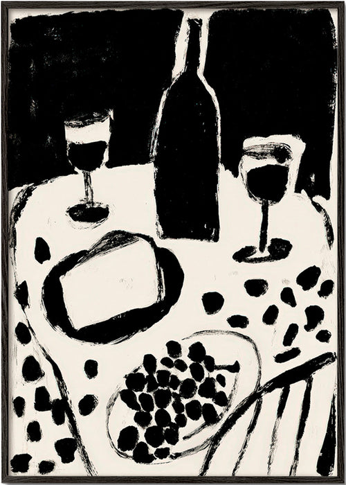 Arte da cucina: bottiglia e uva in monocromo