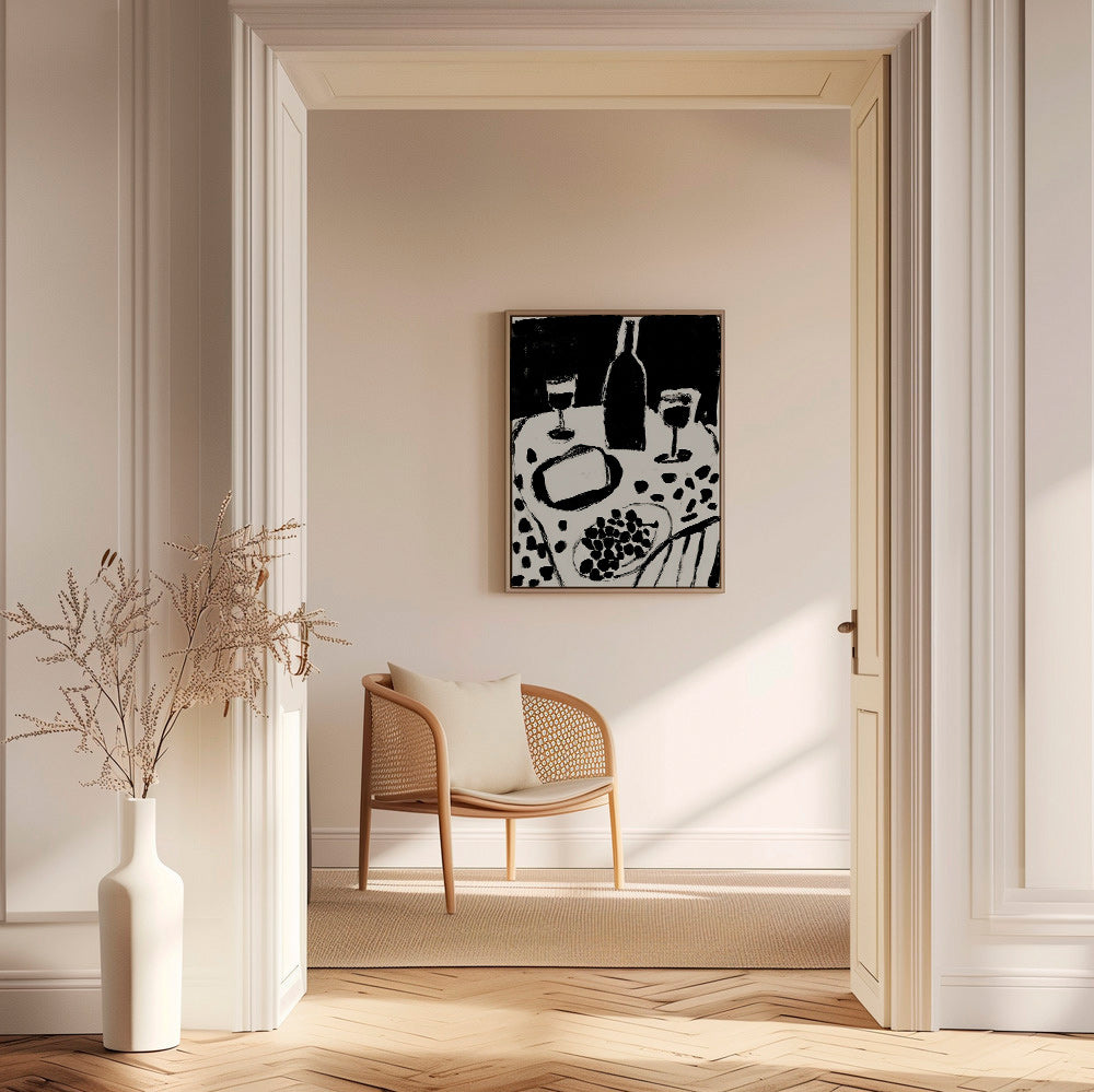 Arte da cucina: bottiglia e uva in monocromo