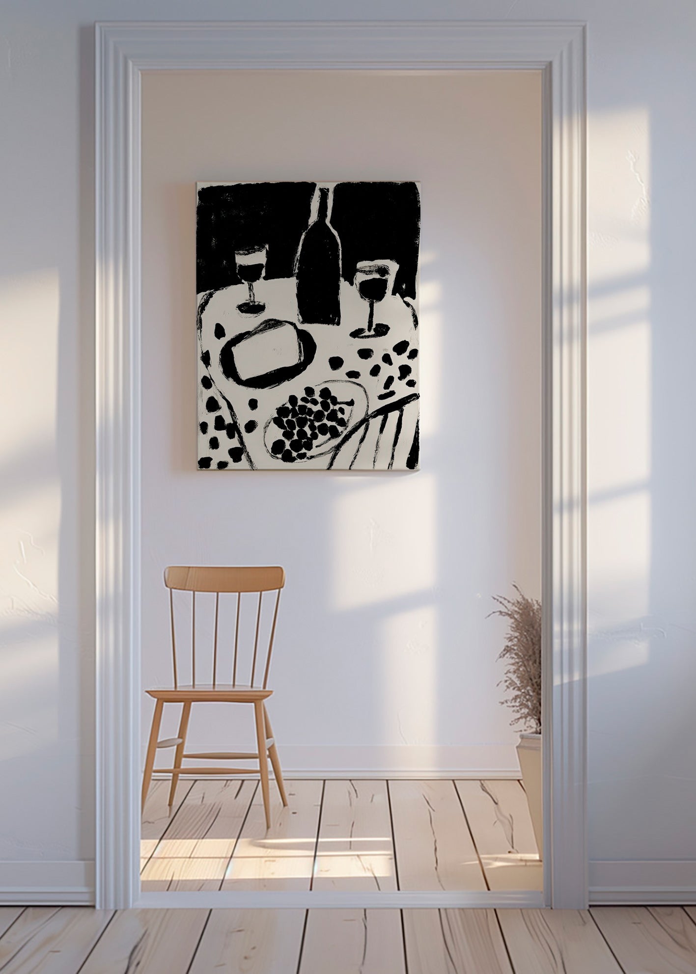 Arte da cucina: bottiglia e uva in monocromo