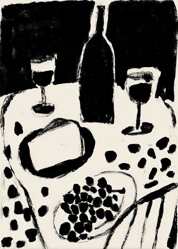 Arte da cucina: bottiglia e uva in monocromo